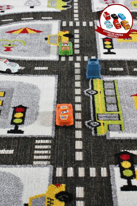 3 Boyutlu Beyaz Trafik Arabalı Dokuma Çocuk Oyun Halısı - Thumbnail