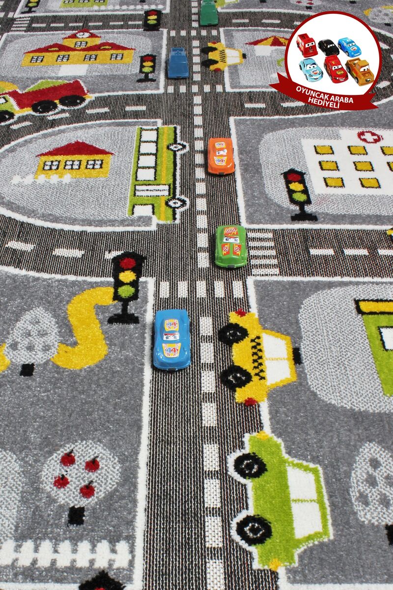 3 Boyutlu Gri Trafik Arabalı Ana Okulu Kreş Halısı Dokuma Çocuk Oyun Halısı