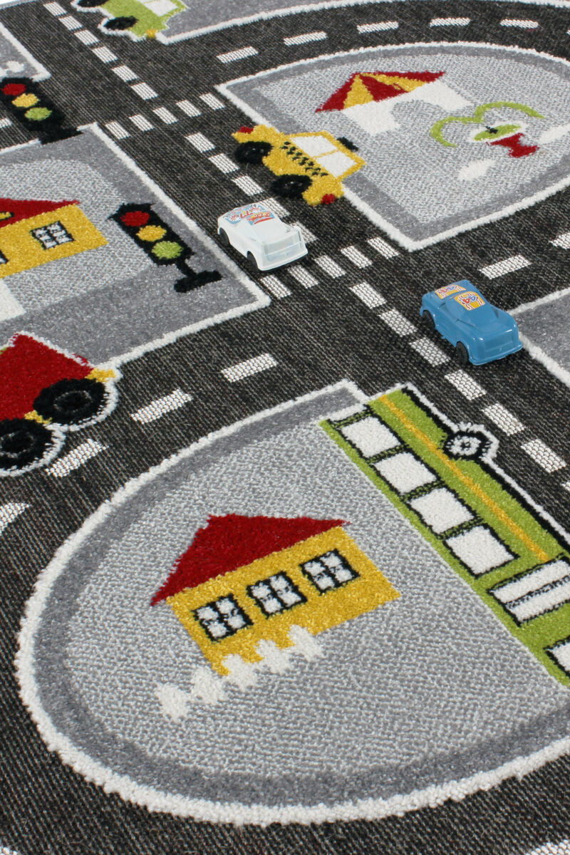 3 Boyutlu Gri Trafik Arabalı Ana Okulu Kreş Halısı Dokuma Çocuk Oyun Halısı