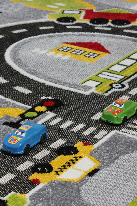 3 Boyutlu Gri Trafik Arabalı Ana Okulu Kreş Halısı Dokuma Çocuk Oyun Halısı - Thumbnail