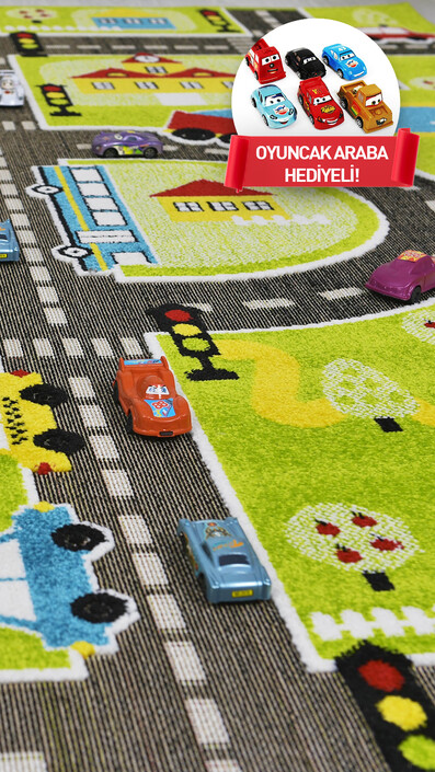 3 Boyutlu Yeşil Trafik Arabalı Dokuma Çocuk Oyun Halısı - Thumbnail