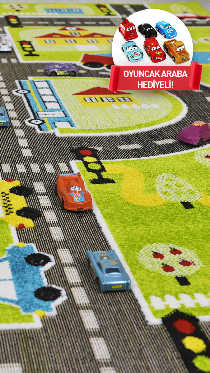 3 Boyutlu Yeşil Trafik Arabalı Dokuma Çocuk Oyun Halısı