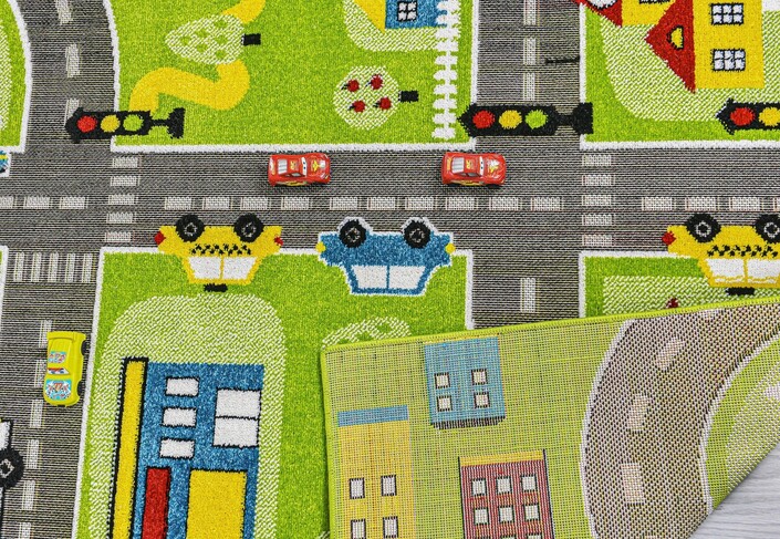 3 Boyutlu Yeşil Trafik Arabalı Dokuma Çocuk Oyun Halısı - Thumbnail