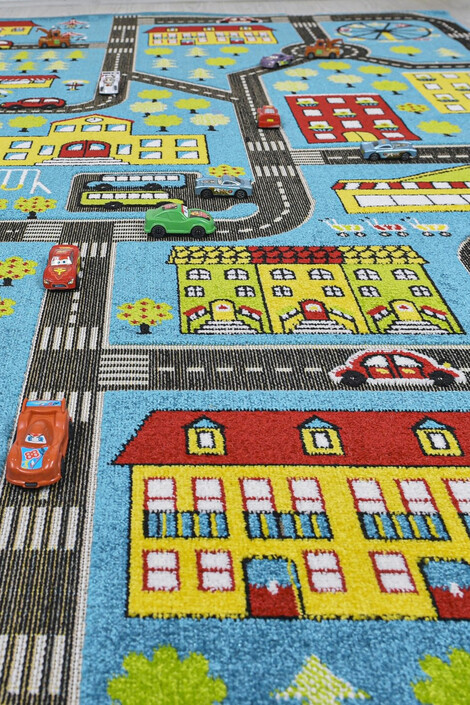Anaokulu Kreş Oyun Halısı 3 Boyutlu Dokuma Mavi Şehir Deseni - Thumbnail