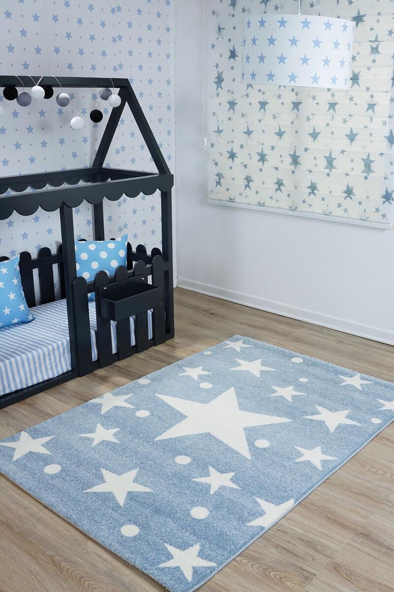 Mavi Yıldızlı Dokuma Çocuk Bebek Odası Halısı