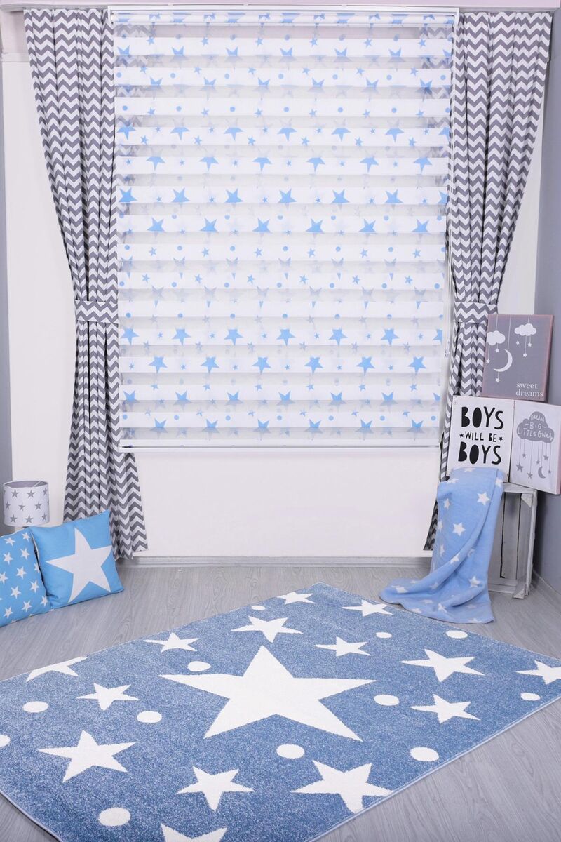 Mavi Yıldızlı Dokuma Çocuk Bebek Odası Halısı
