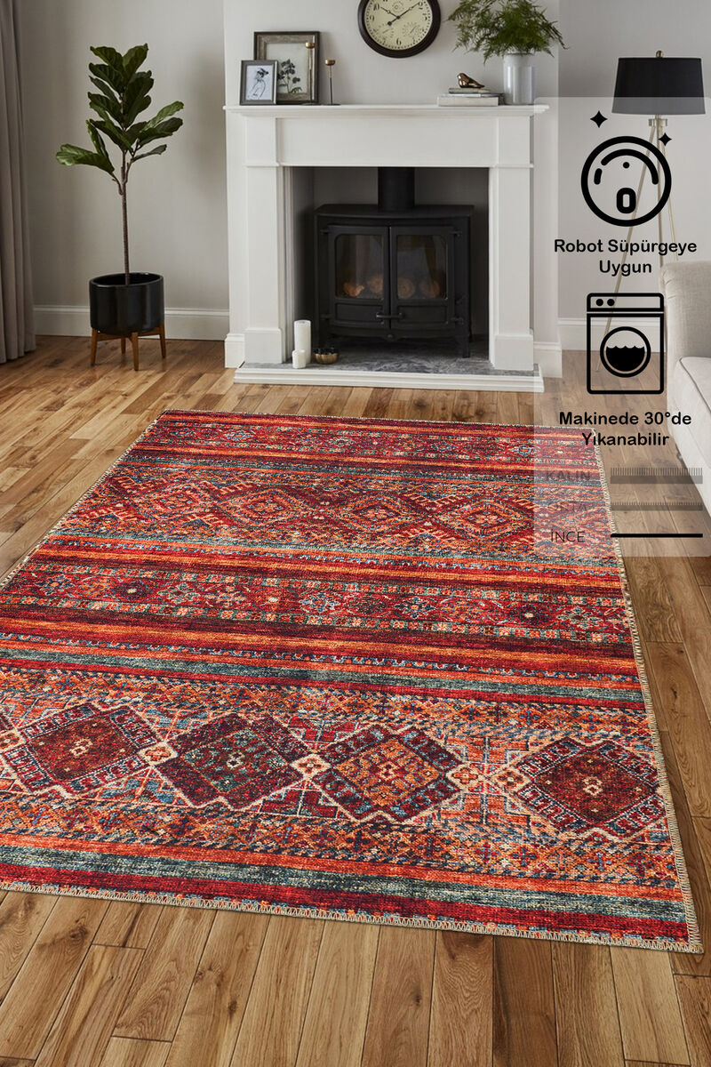 Rugium Pera Etnik Desenli Yıkanabilir Halı Pamuk Taban Dokuma Kilim 2322