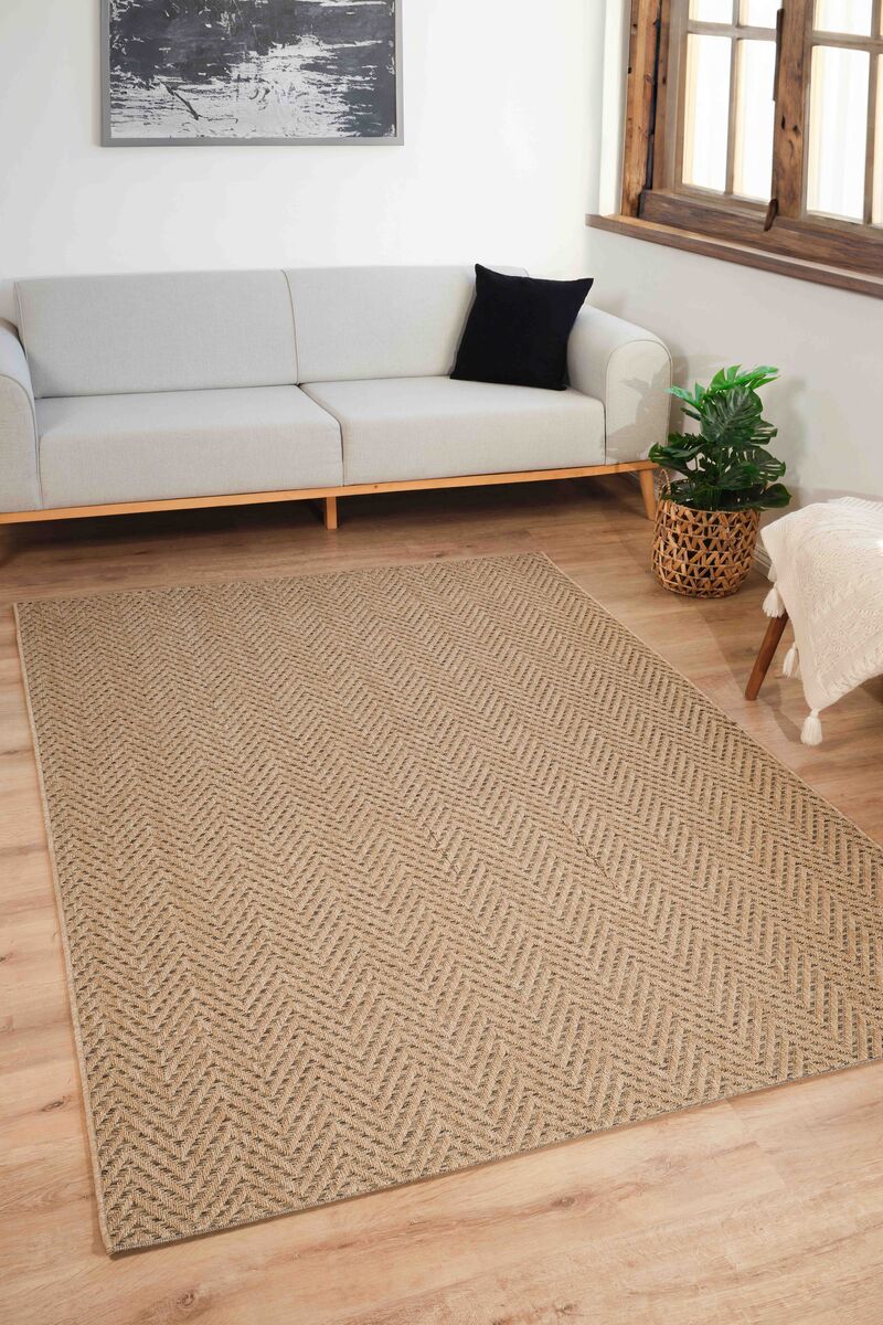 Sisaluna 4441 Bej Jüt Tabanlı Modern Dokuma Kilim Sisal Hasır Halı